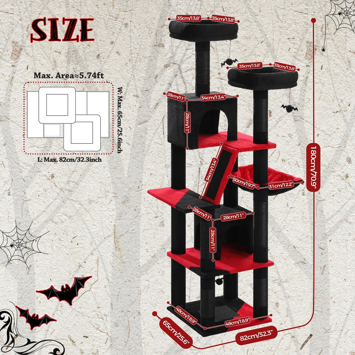 PAWZ Road 70 Inch Cat Tower, Gothic Cat Tree with 2 Cozy Condos, 2 Plush Perch, Large Basket, 2