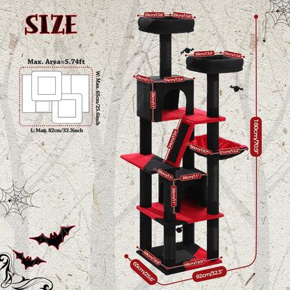 PAWZ Road 70 Inch Cat Tower, Gothic Cat Tree with 2 Cozy Condos, 2 Plush Perch, Large Basket, 2
