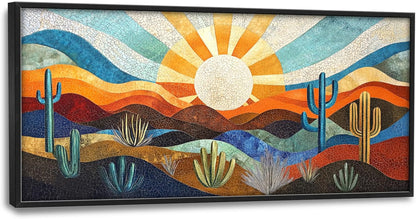 Extra Large Framed Abstract Boho Desert Wall Art, Sun Cactus Landscape Wall Decor Pictures for