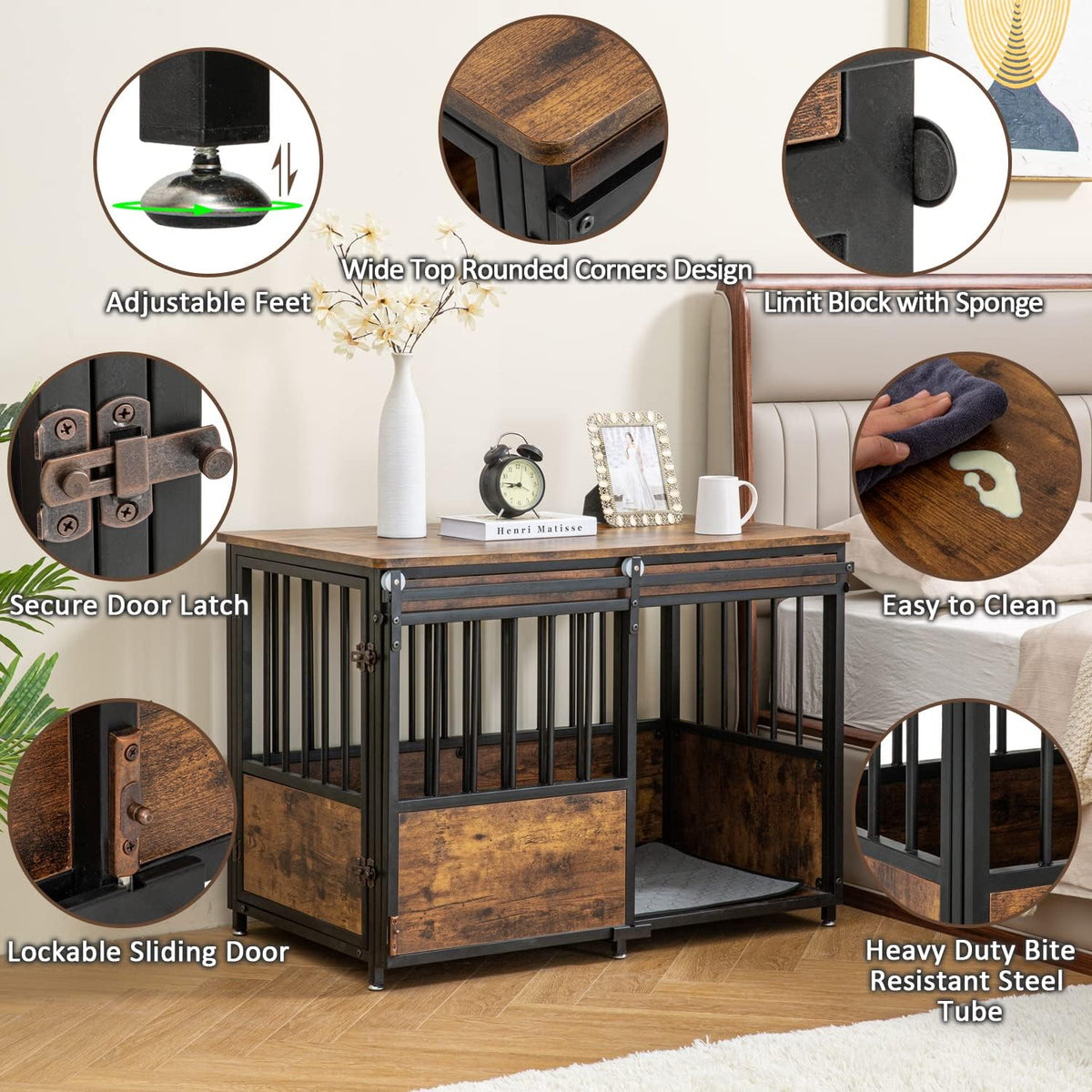 KOOPRO 40 Inch Dog Crate Furniture with Cushion for Large Medium Dogs, Wooden Heavy Duty Dog Kennel