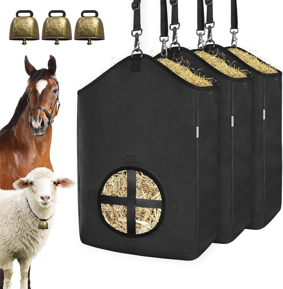 3 PCS Goat Hay Feeder,Hay Bags for Horses,Goats,Donkeys with Reinforced Oxford Fabric and High