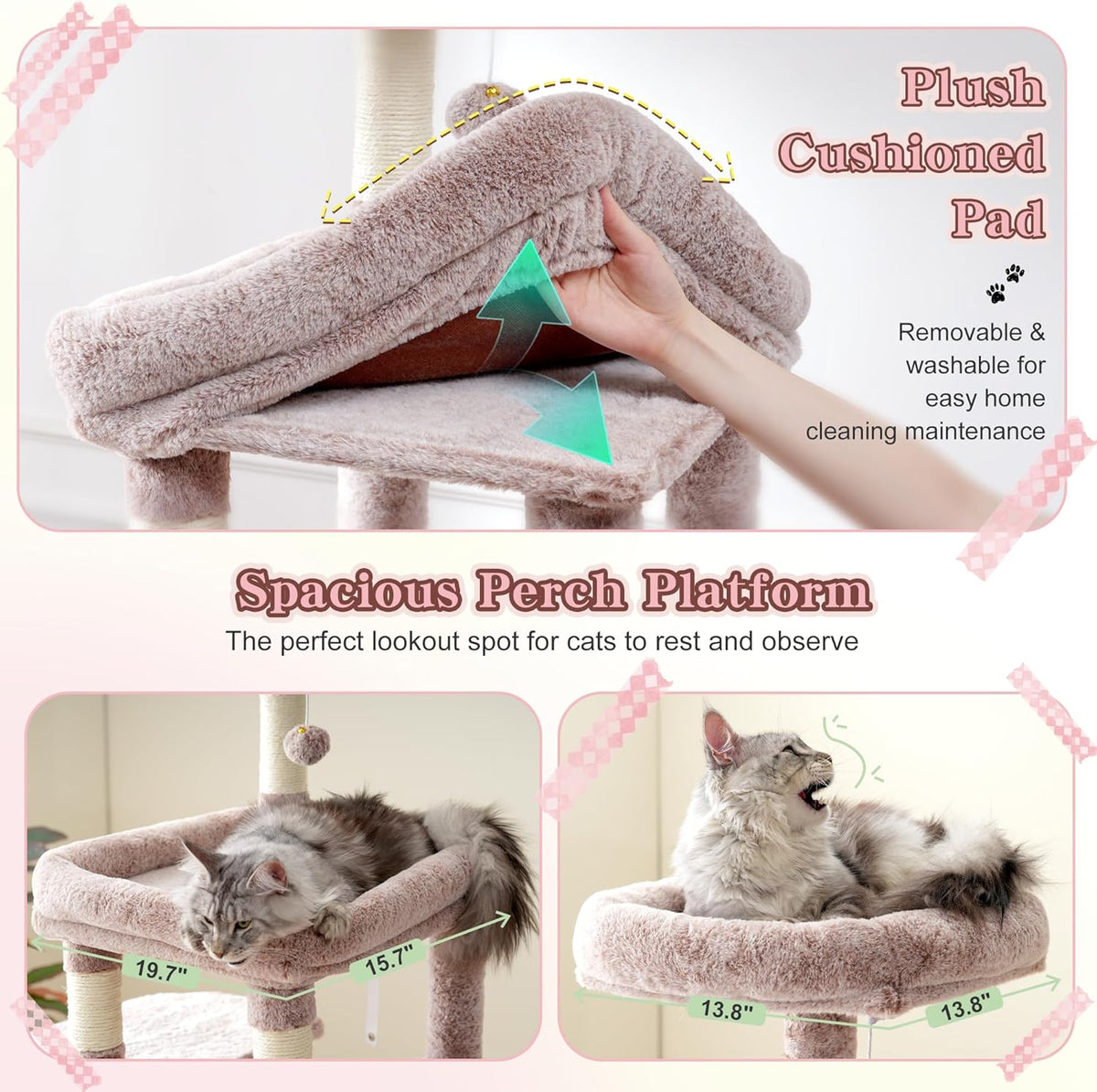 Heybly Heavy Duty Cat Tree, 71-Inch Tall Tower for Large Maine Coon with Extra-Large Baseboard, Cat