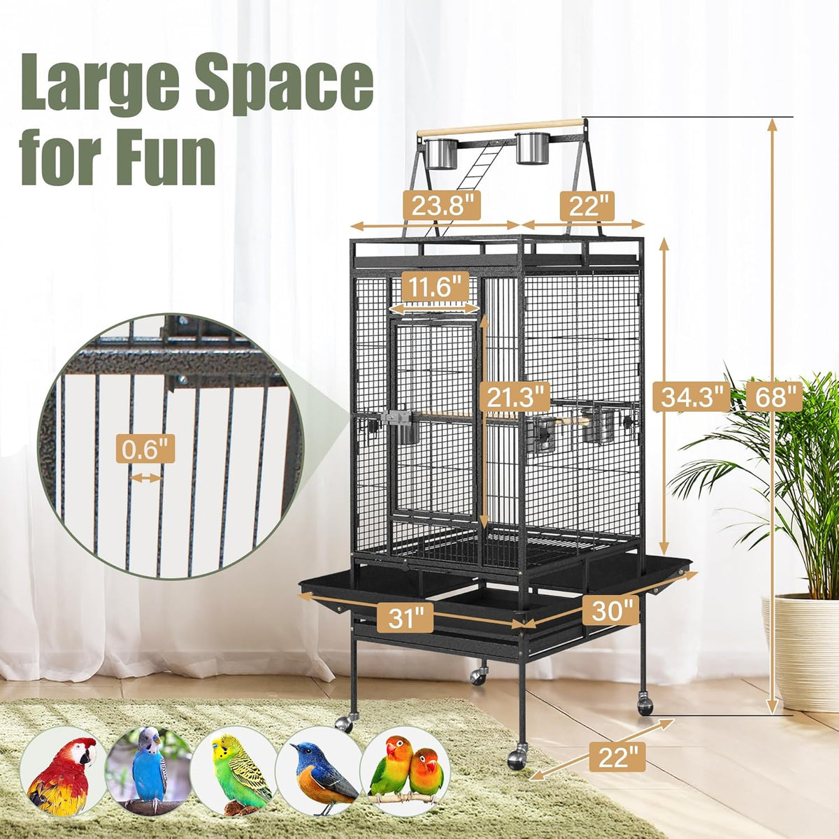 ZENY 68-Inch Birdcage, Playtop Parrot Cage, Wrought Iron Bird Cage with Rolling Stand, Heavy-Duty