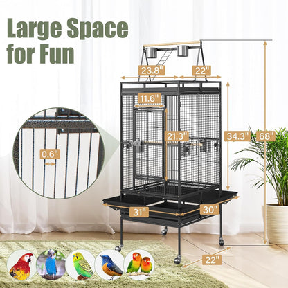 ZENY 68-Inch Birdcage, Playtop Parrot Cage, Wrought Iron Bird Cage with Rolling Stand, Heavy-Duty