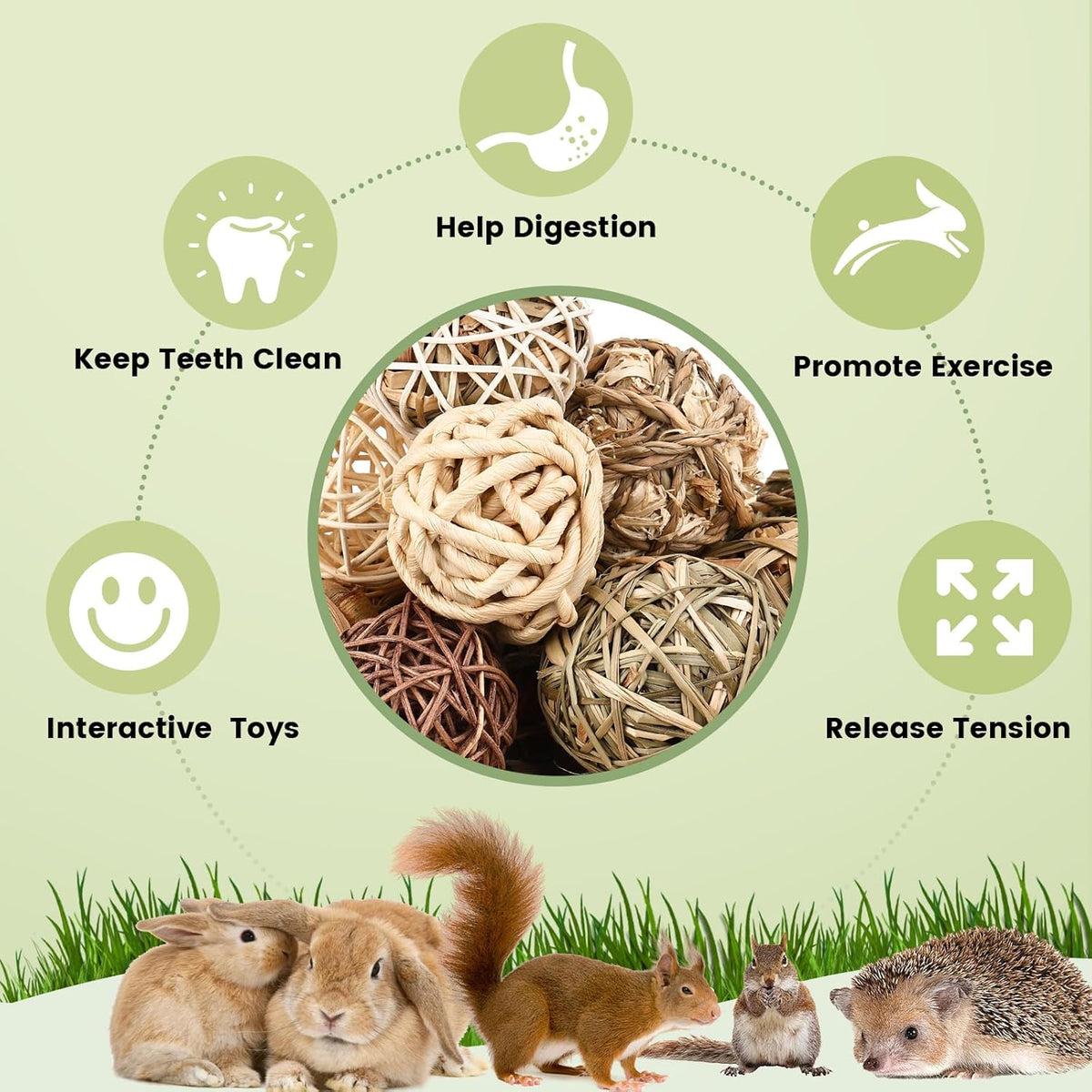 Bunny Chew Grass Balls, Rolling Chew Toys for Small Animals, Improving Dental Health, Natural Chew