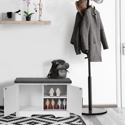2-Tier Storage Bench, Shoe Bench with Padded Seat Cushion, Entryway Bench with 2 Barn Doors
