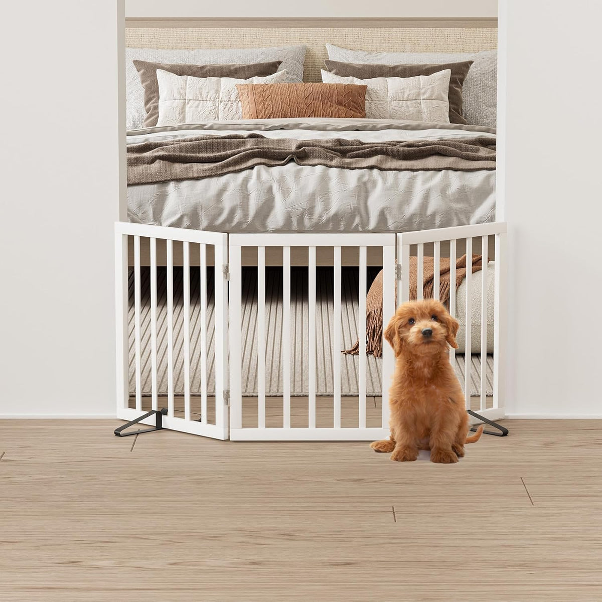 White 18-55" Wide Pet Gate, Bamboo Dog Gate for Stair, Foldable Dog Gates for Doorways House