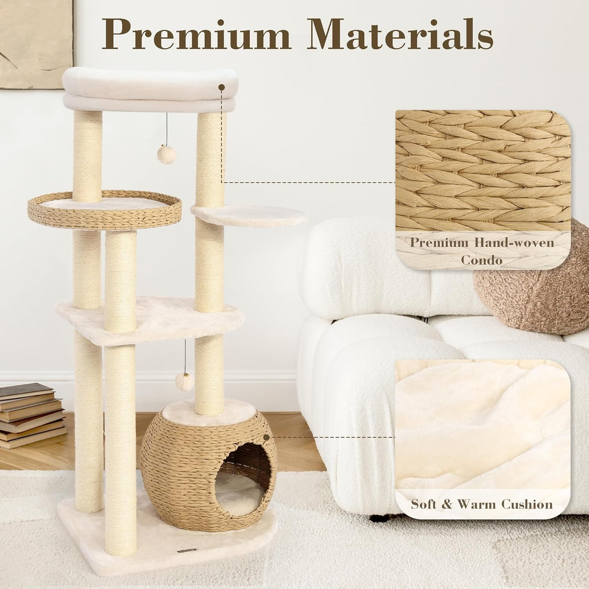 KAMABOKO Modern Cat Tree, 53" Tall Cat Trees for Indoor Cats, Cat Condo Natural Sisal with