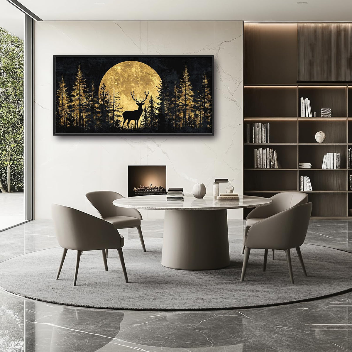 Large Moon Deer Forest Wall Art for Living Room, Black Gold Canvas Oversized Wall Decor, Elk Animal