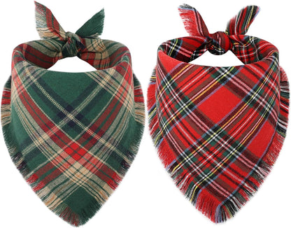 Vivifying Dog Christmas Bandana with Tassels Edges, 2 Pack Classic Plaid Triangle Dog Apparel &