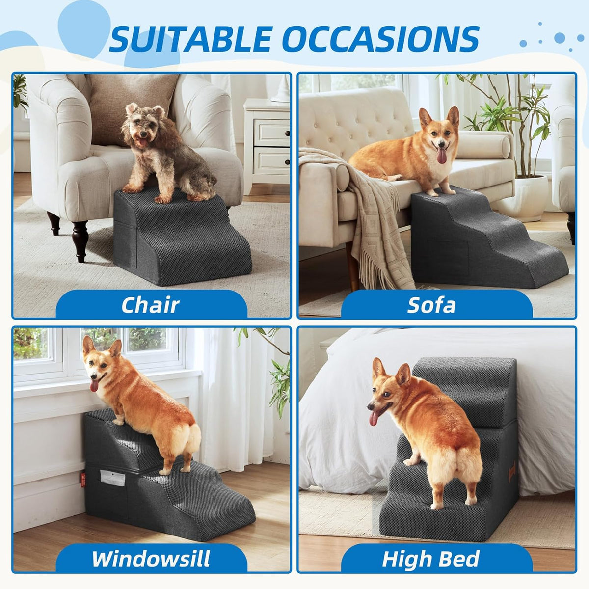 Dog Stairs 3-Step for Small Dogs and Cats to Get on Bed and Furniture/Windows, Pets Can Climb, Sit
