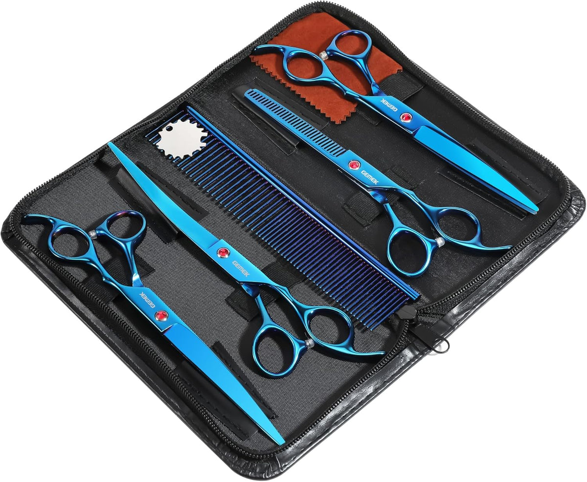 7.0in Titanium Professional Pet Grooming Scissors Set, GEMEK 6 in 1 Straight & Thinning & Upwards