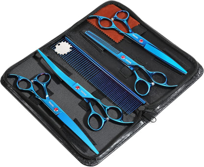 7.0in Titanium Professional Pet Grooming Scissors Set, GEMEK 6 in 1 Straight & Thinning & Upwards