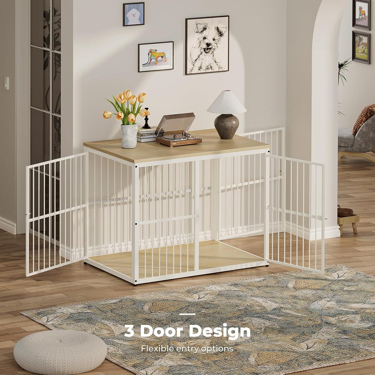 Lyromix 43'' Dog Crate Furniture with 3 Doors, XL Wooden Crate End Table, Heavy Duty Indoor Puppy