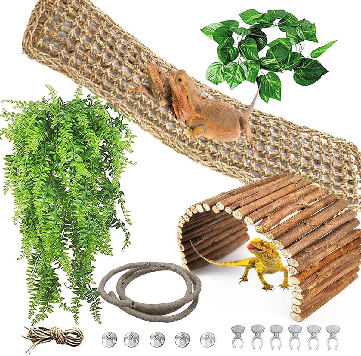 kathson Reptile Hideout Wooden Bridge Bearded Dragon Hammock Reptiles Jungle Climbing Vines