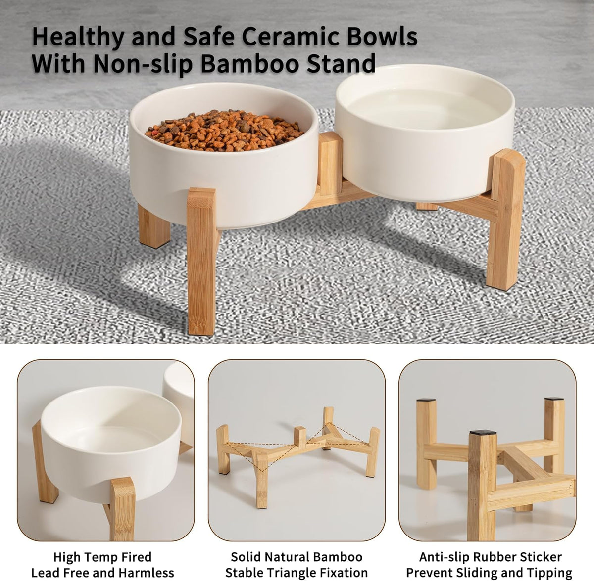 Elevated Ceramic Dog Bowl Set - Raised Feeding Bowls with Non-Slip Bamboo Stand - Small Pet Dishes