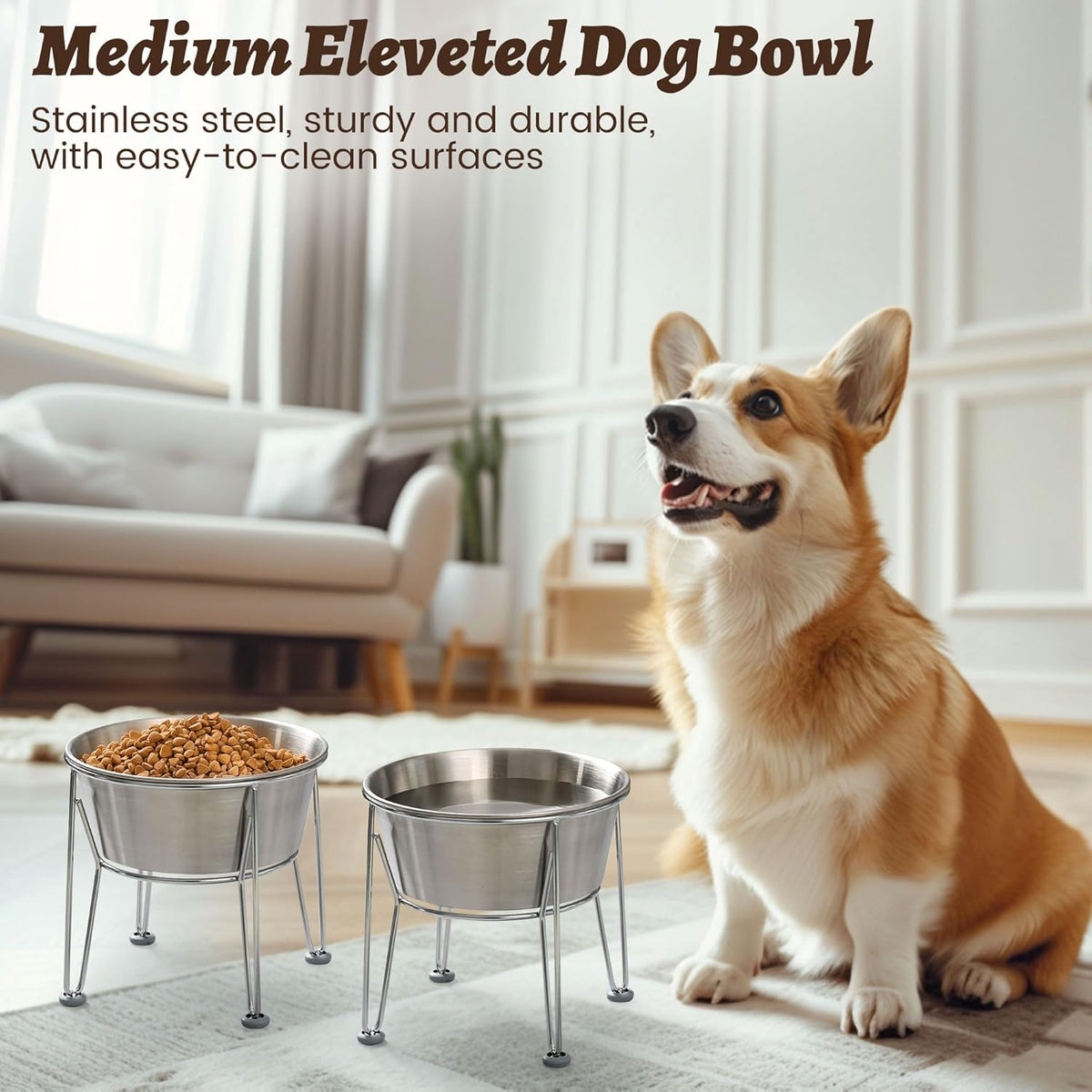 Elevated Dog Bowls for Medium&Small Dogs - Stainless Steel 48oz/6 Cups Raised Feeder with Non-Slip