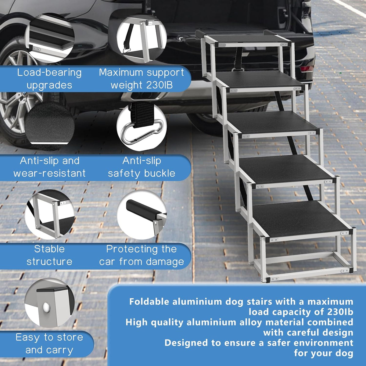 Dog Stairs for Large Dogs - 5 Step Foldable Dog Ramp for Car Non-Slip Surface Support up to 230lbs
