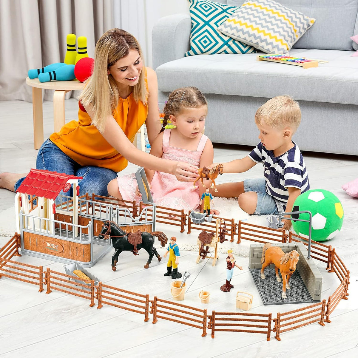 Peagrav Horse Stable Playset with Rider, Wash Area, Fence & Animal Figures - Gifts for Girls & Boys