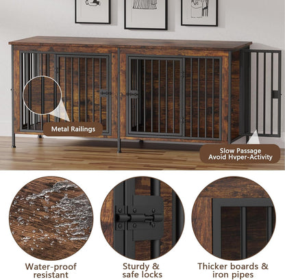 EasyCom 78 Inch Dog Crate Furniture for 2 Dogs, Extra Large Double Dog Cage Large Breed, XXL Thick
