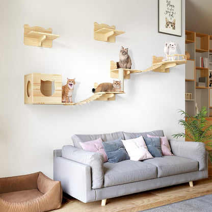 Cat Wall Shelves, Cat Wall Furniture Pine Wooden Feline Shelf, 9 Piece Shelves and Perches with