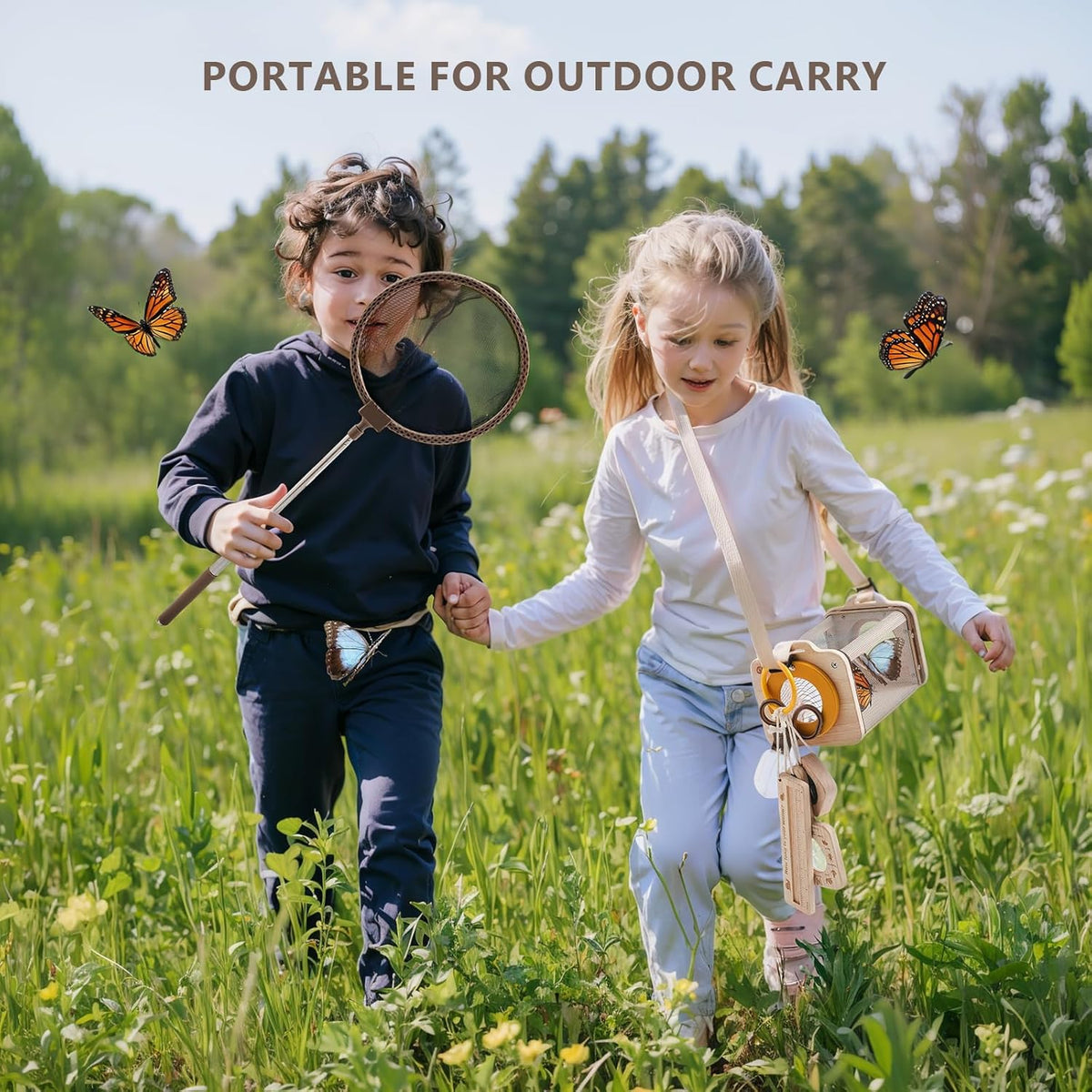 Wooden Bug Catcher for Kids, 8-in-1 Insect Exploration Set with Butterfly Net, Magnifying Glass