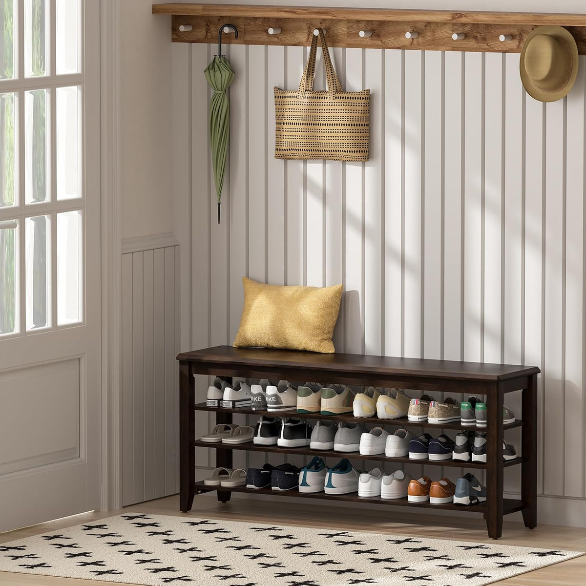 Shoe Bench Storage Rubberwood with Leather Cushion for Entryway Bench Ideal for Hallways Shoe Rack
