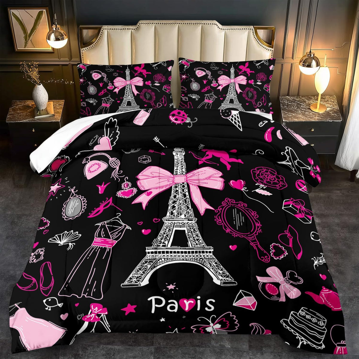 Eiffel Tower Comforter Set Twin Size,Eiffel Tower Bedding Set for Girls, Pink and Black Paris