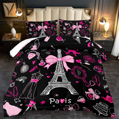 Eiffel Tower Comforter Set Twin Size,Eiffel Tower Bedding Set for Girls, Pink and Black Paris