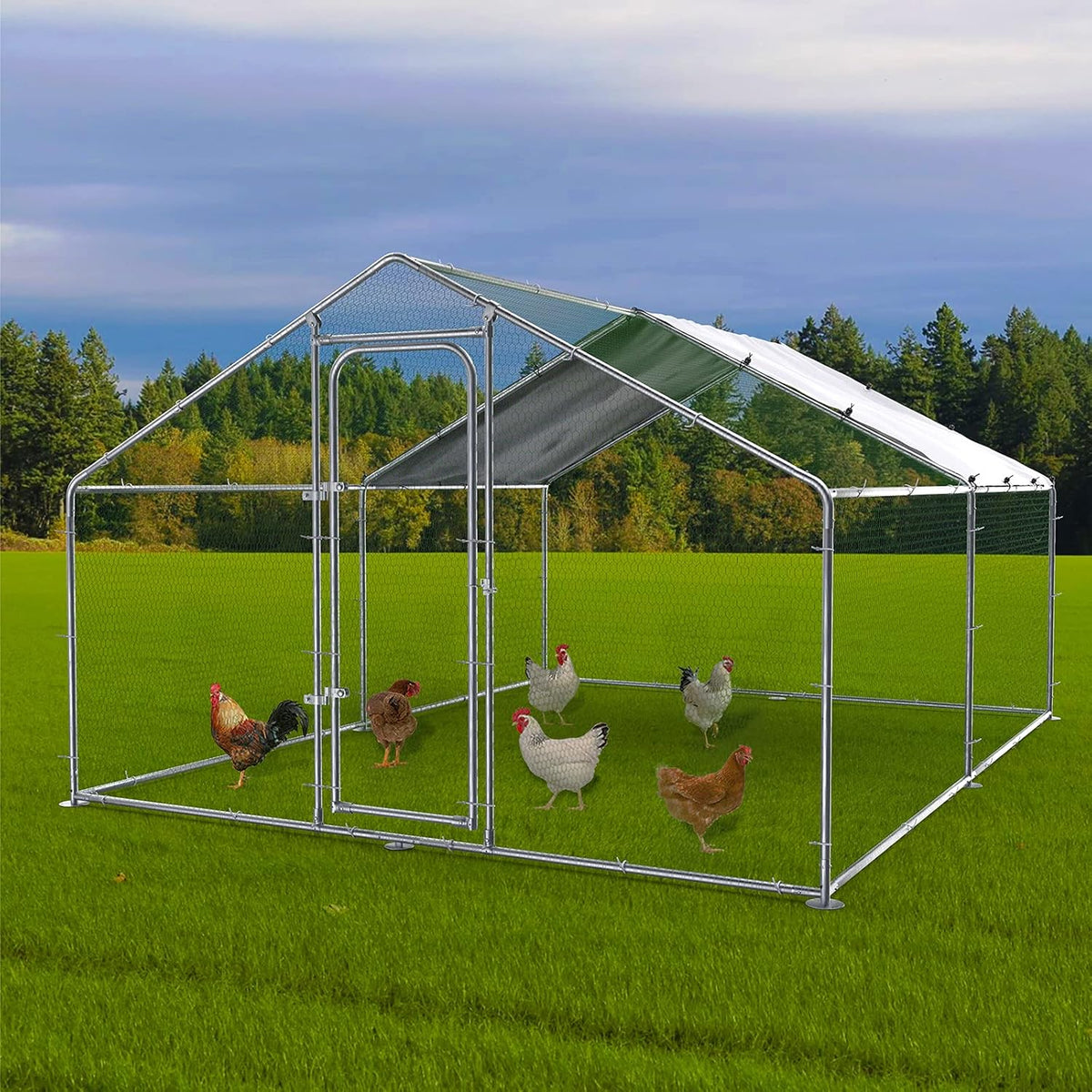 LEMBERI Metal Chicken Runs for Yard, Spire-roof Large Walk in Chicken coop cage for