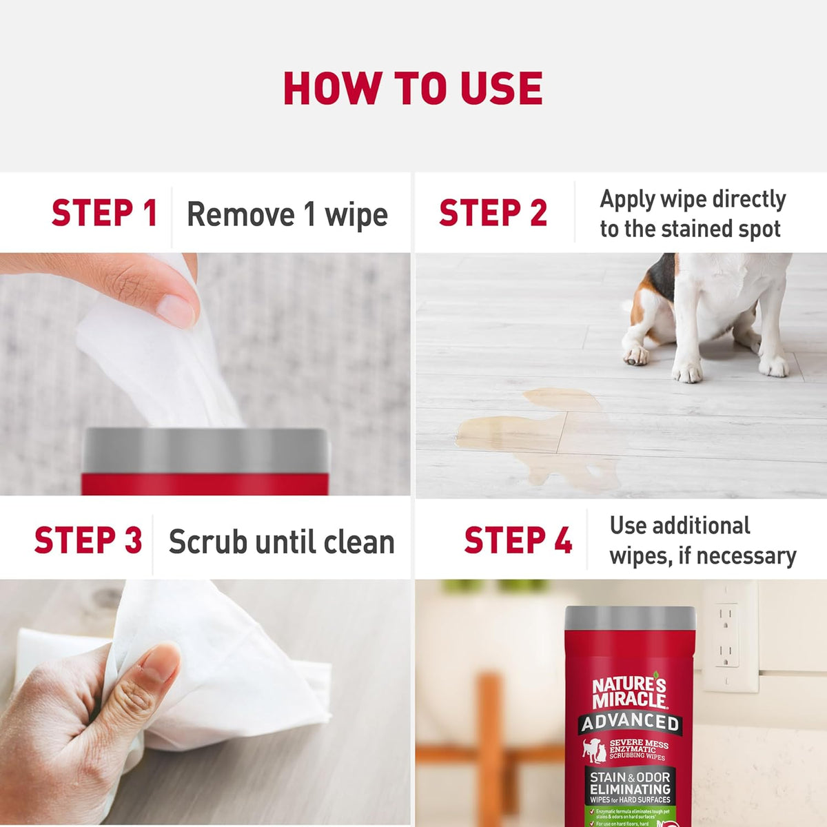 Nature’s Miracle Advanced Stain And Odor Eliminating Wipes for Hard Surfaces, 30 Count, Enzymatic