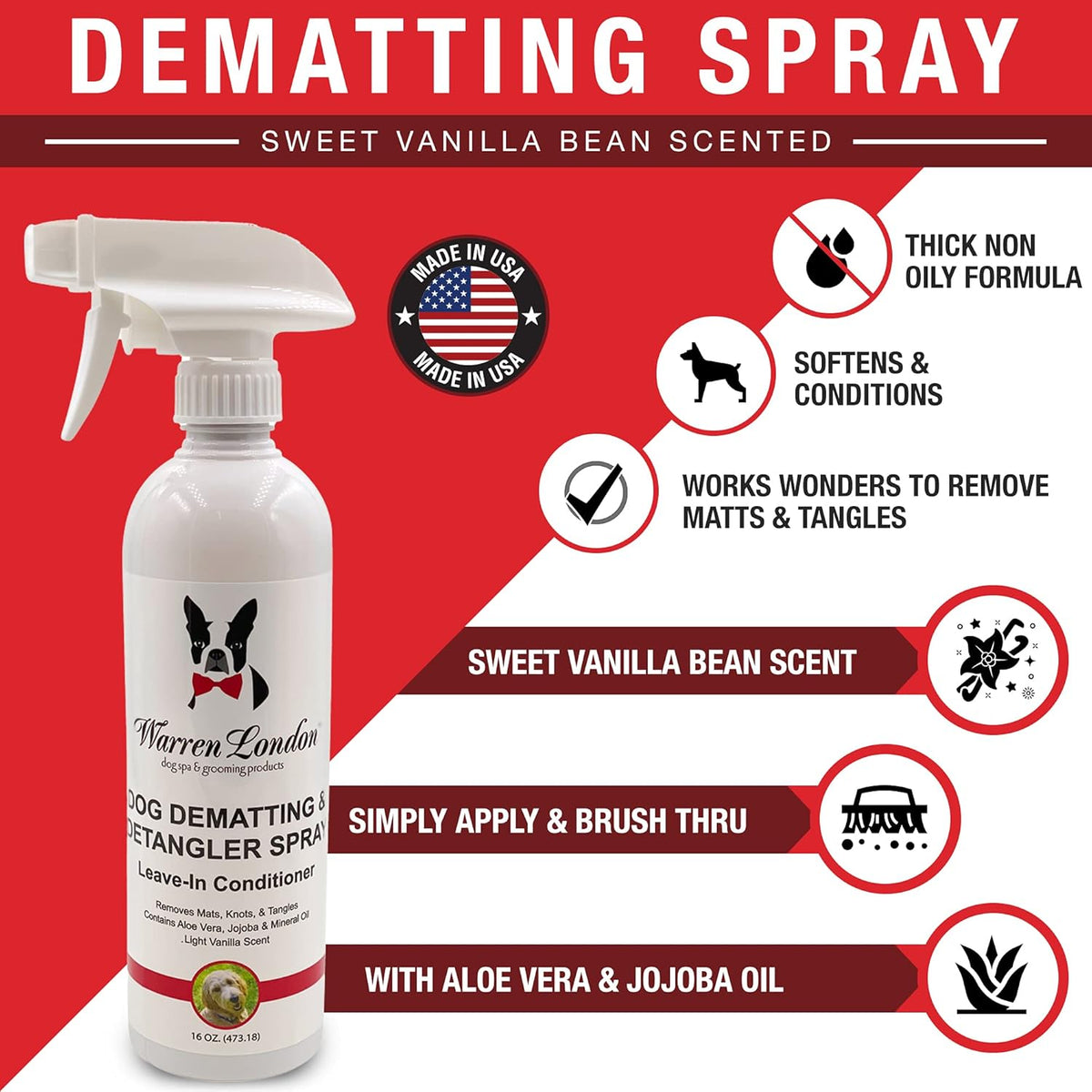 Warren London Dog Dematting & Detangling Spray | Groomer-Formulated Conditioner w/Aloe Vera &