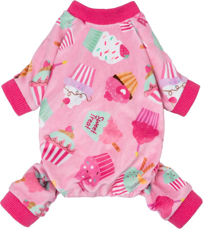 Fitwarm Cupcake Dog Pajamas, Birthday Outfit for Small Dogs Girl, Cozy Pet Onesie with Feet, Pink