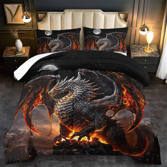 Black Dragon Comforter Set Twin Adult,Flame Dragon Bedding Set for Boys,Magical Beast Bedding