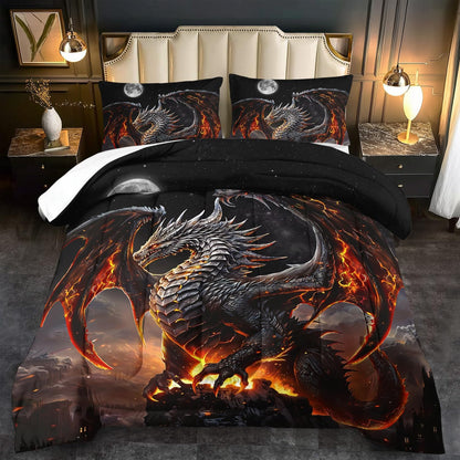 Black Dragon Comforter Set King Adult,Flame Dragon Bedding Set for Boys,Magical Beast Bedding