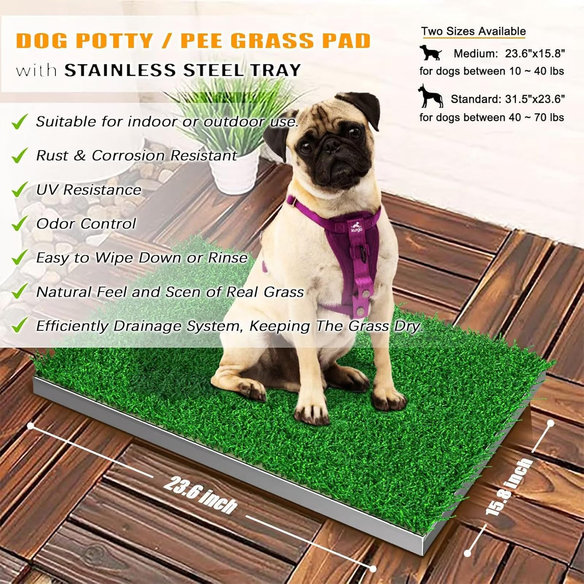Dog Grass Pad with Tray, Stainless Steel Odor-Resistand Indoor Outdoor Potty System, Durable