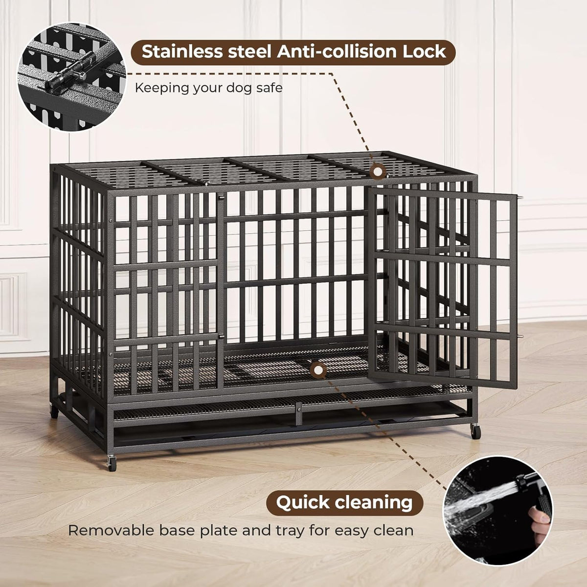 48/42/38 Inch Heavy Duty Indestructible Dog Crate,Escape Proof Dog Cage Kennel for Small Medium