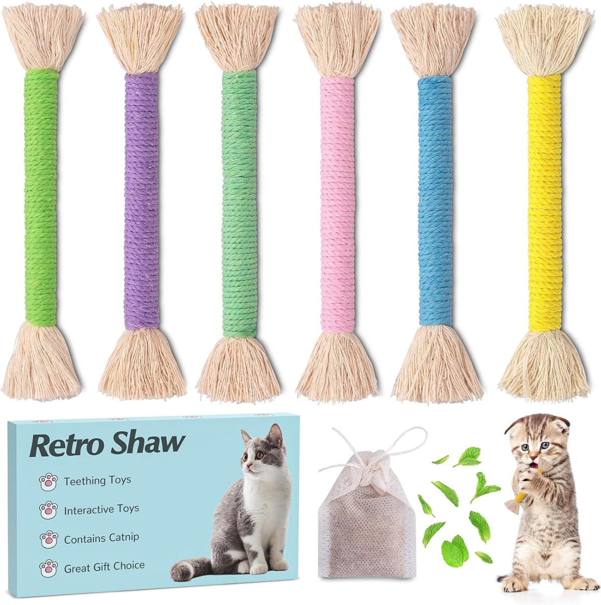 Retro Shaw Kitten Toys Catnip Ropes Cat Chew Toys, 6 Pack, Kitten Teething Toys for Indoor Cats
