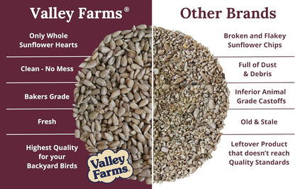 Valley Farms Whole Sunflower Hearts for Birds, Girasol Kernels Wild Bird Food, No Mess Wild Bird