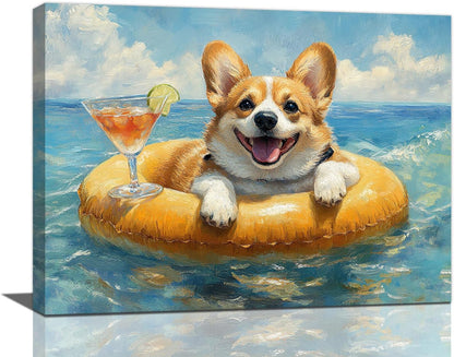 Ocean Funny Corgi Dog Pictures Wall Art, Bathroom Cute Dog Wall Decor Sea Coastal Framed Painting