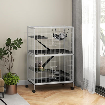 PawHut Metal Small Animal Cage, 5-Tiers Rolling Big Ferret Cage with Hammock, Removable Tray, for
