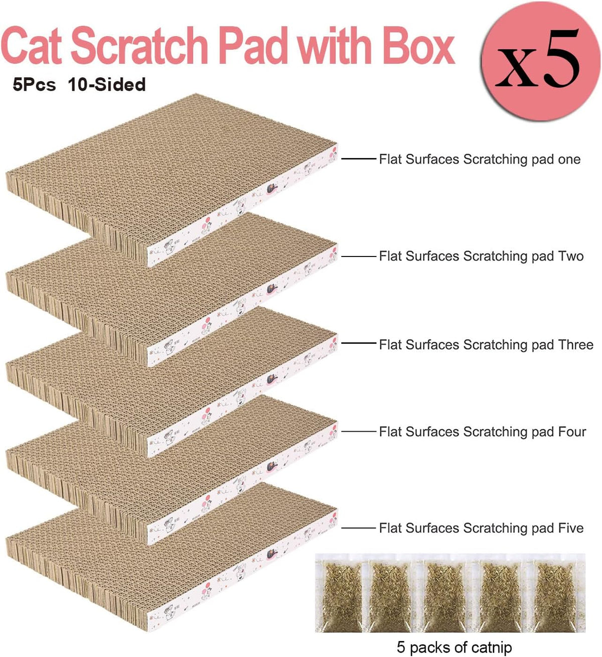 5 Packs in 1 Cat Scratch Pad with Box, Cat Scratcher Cardboard,Reversible,Durable Recyclable