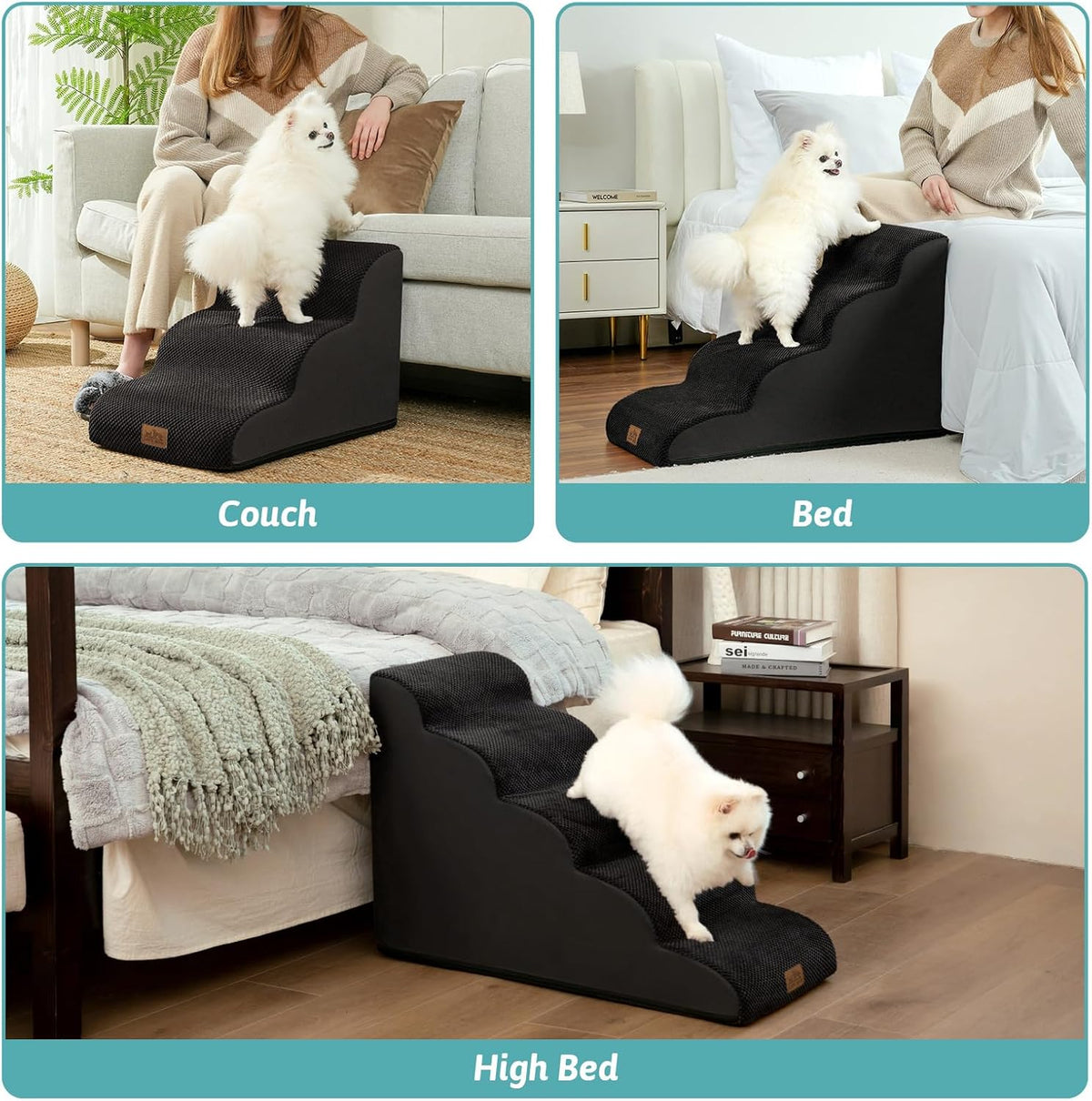 Dog Stairs for High Bed 22.6" H, Small Dog Step for Puppy, Older or Cat, Curved Ramp for Car