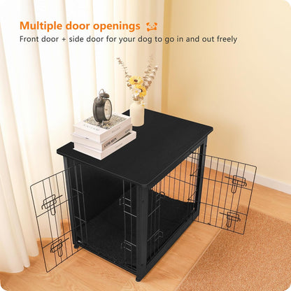 DWANTON Dog Crate Furniture with Cushion, Wooden Kennel Table with Double Doors, Indoor Dog House