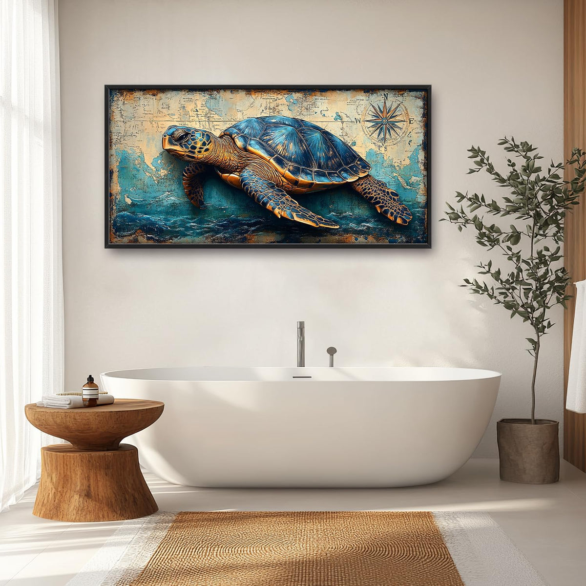 Large Nautical Turtle Wall Art for Living Room, Coastal Ocean Canvas Oversized Wall Decor, Beach