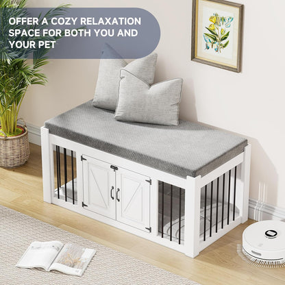 Dog Crate Furniture with Padded Seat, Luxury Wooden Dog Kennel, End of Bed Bench Ottoman with