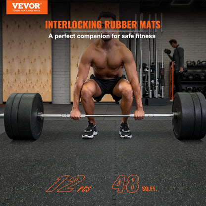 VEVOR 0.56Inch 48sq.ft 12 Tiles Gym Flooring for Home Gym, Rubber Top with High Density EVA Foam,25