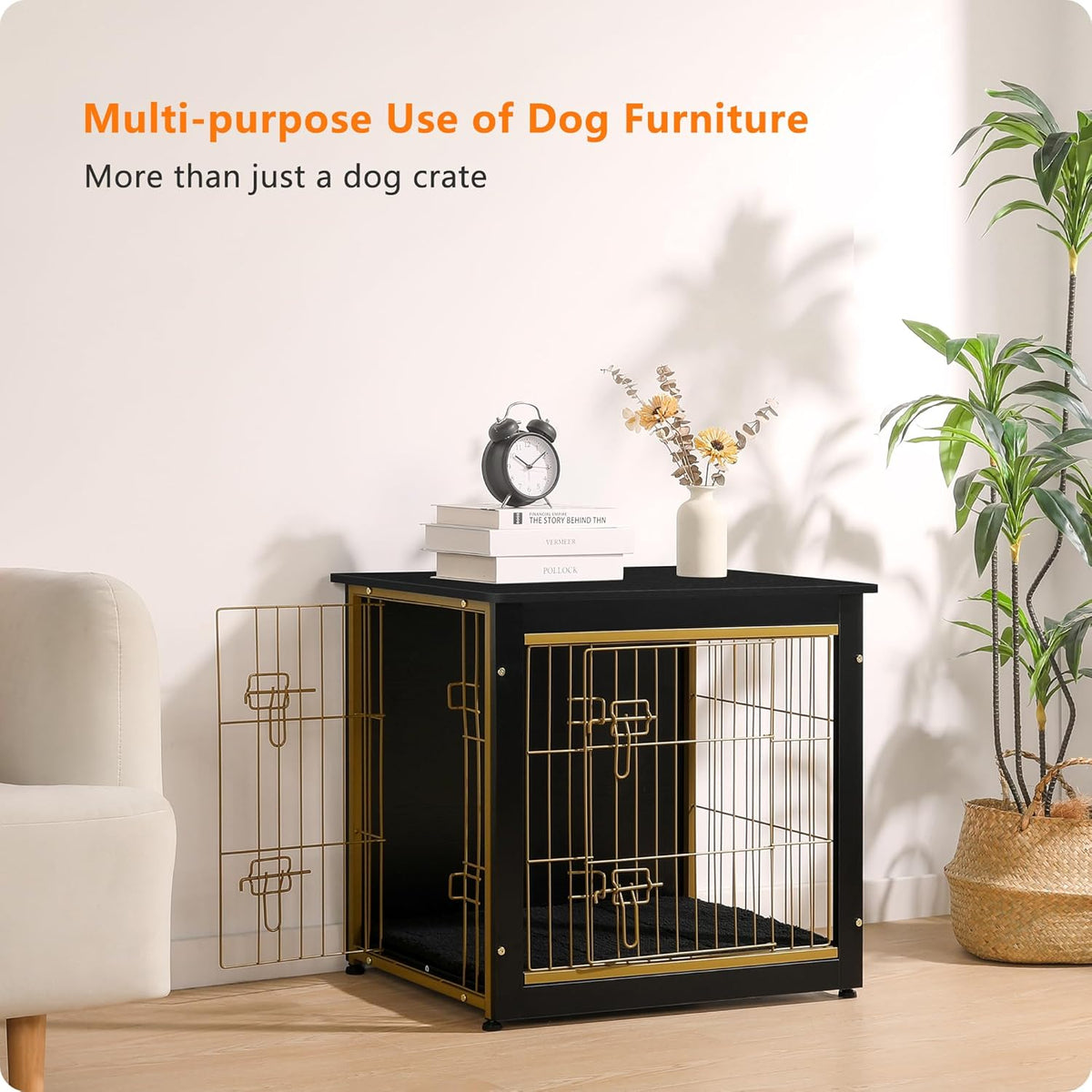 DWANTON Dog Crate Furniture with Cushion, Wooden Kennel Table with Double Doors, Indoor Dog House