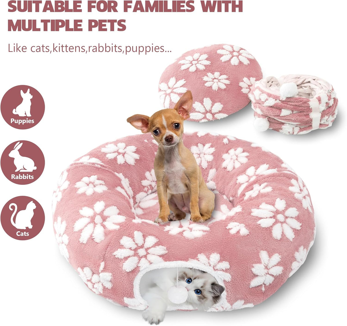 Cat Tunnel for Indoor Cats, Cute Peekaboo Cat Cave with Dangling Balls, Pet Donut Tunnel Bed with