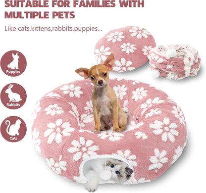 Cat Tunnel for Indoor Cats, Cute Peekaboo Cat Cave with Dangling Balls, Pet Donut Tunnel Bed with